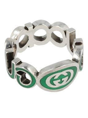 NWT Gucci Silver Ring with Green Enamel Interlocking G Motif US 6